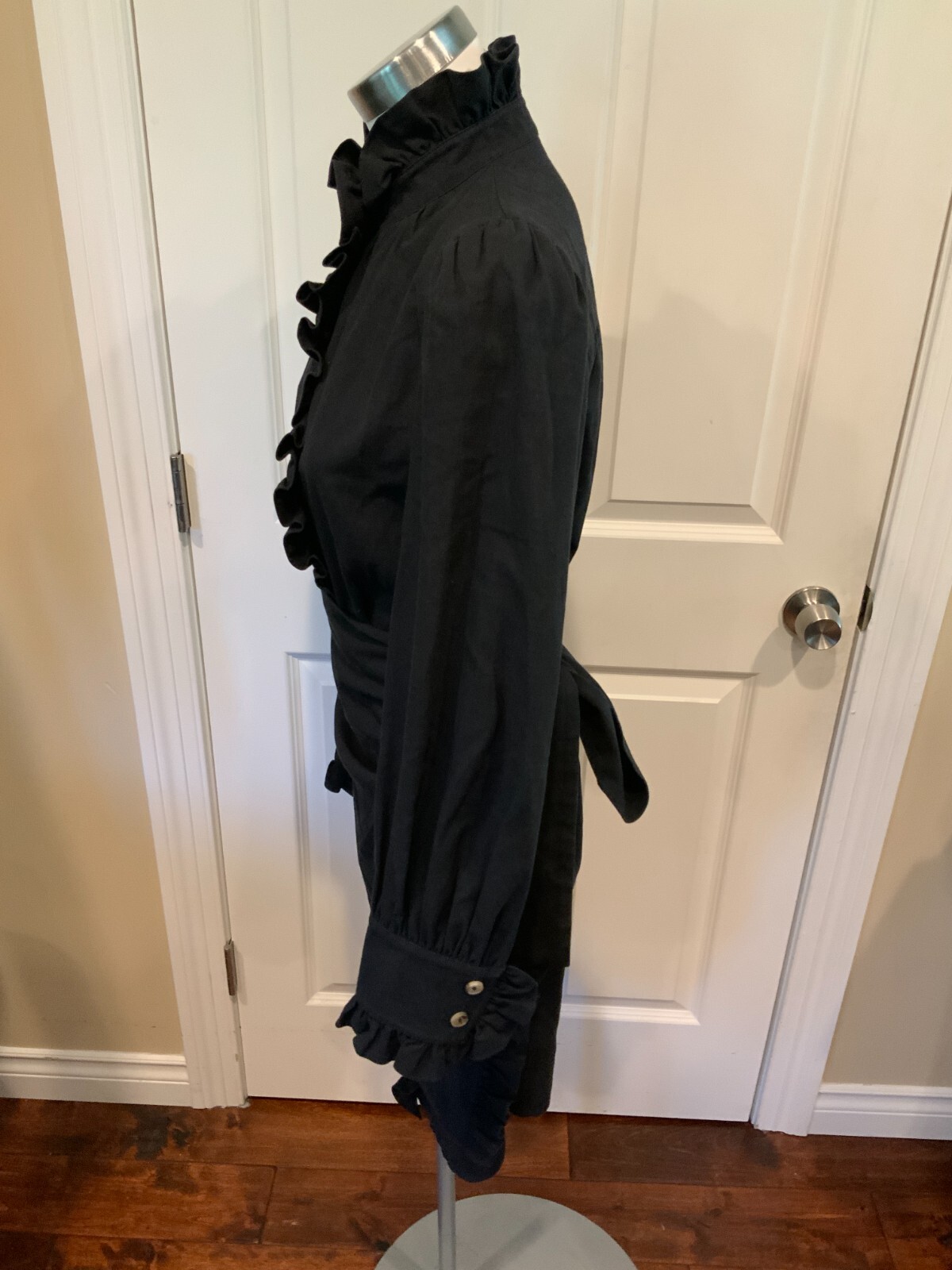 Goen.J Black Asymmetrical Button-Up Ruffle Shirt Dress W/ Tie, Size 6