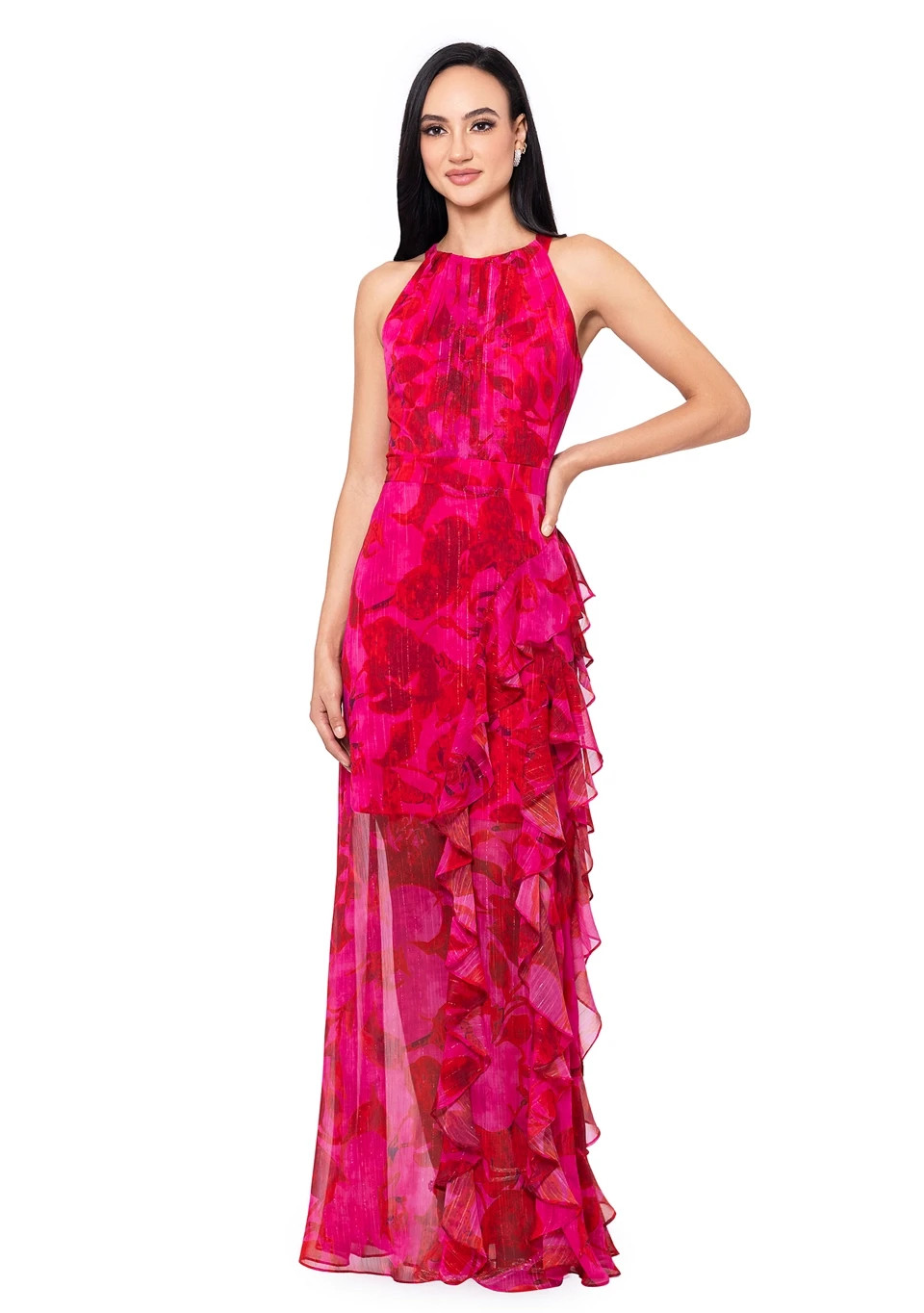 Betsy & Adam Fuchsia Poppy Halter Floral Printed Chiffon Maxi Dress Size 12 $259