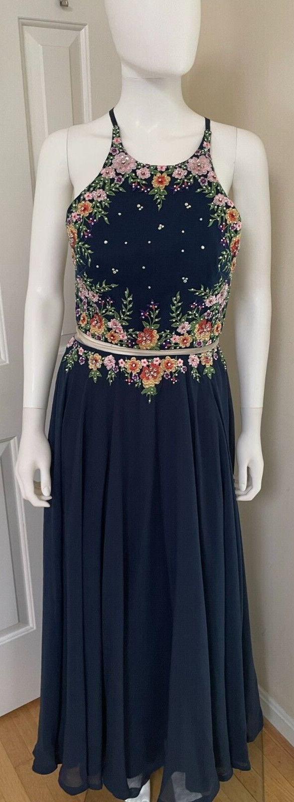 Tiffany Designs Embroidered Flower Floral Gown Dress Navy Size 6