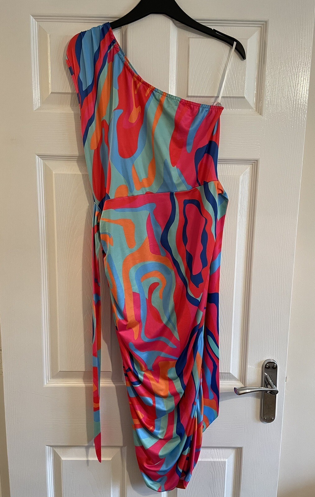 CHICME Multicoloured One Shoulder Tie Belt Summer Dress – Size Large – VGC