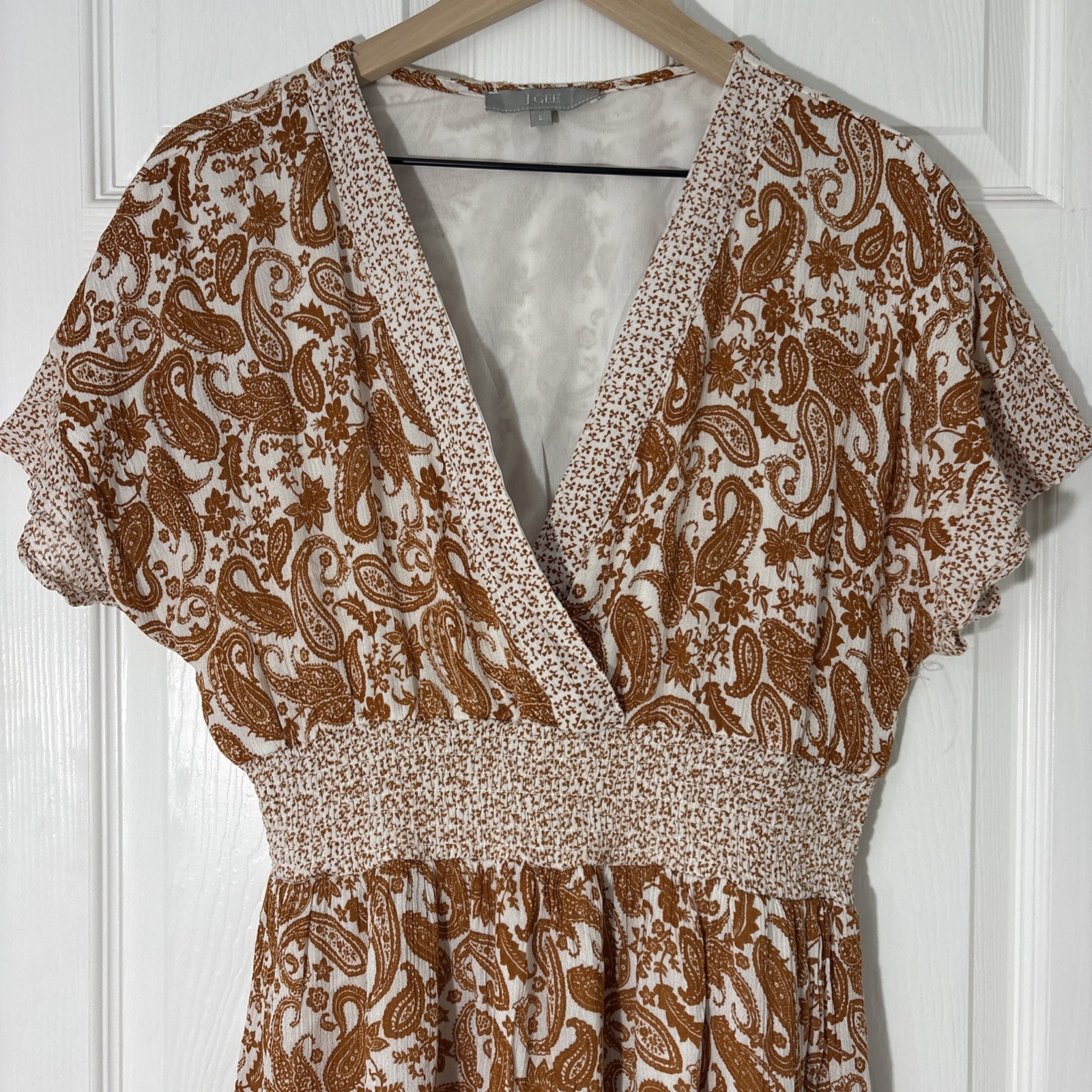 J GEE Rust Orange White Floral Bohemian Maxi Dress Lined V-Neck Flutter L Womens
