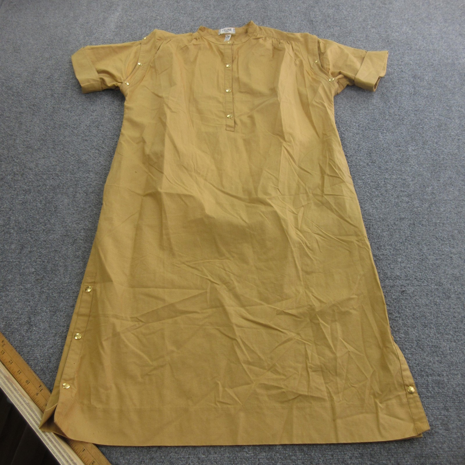 Celine Dress Womens 40 Brown Cotton Shift Short Sleeve Side Button Knee Length