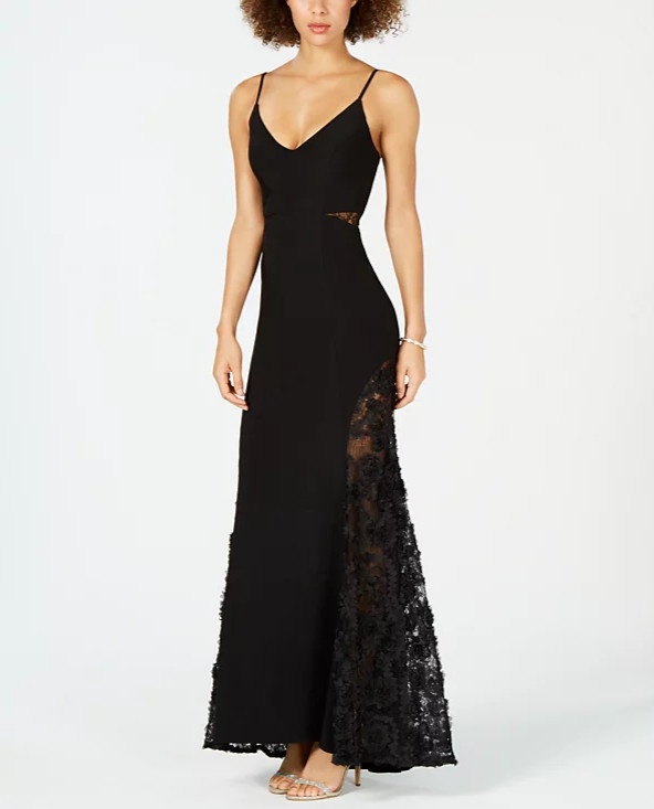 BETSY & ADAM Petite Adjustable Strap Sheer Lace Contrast V-Neck Trumpet Gown, 2P