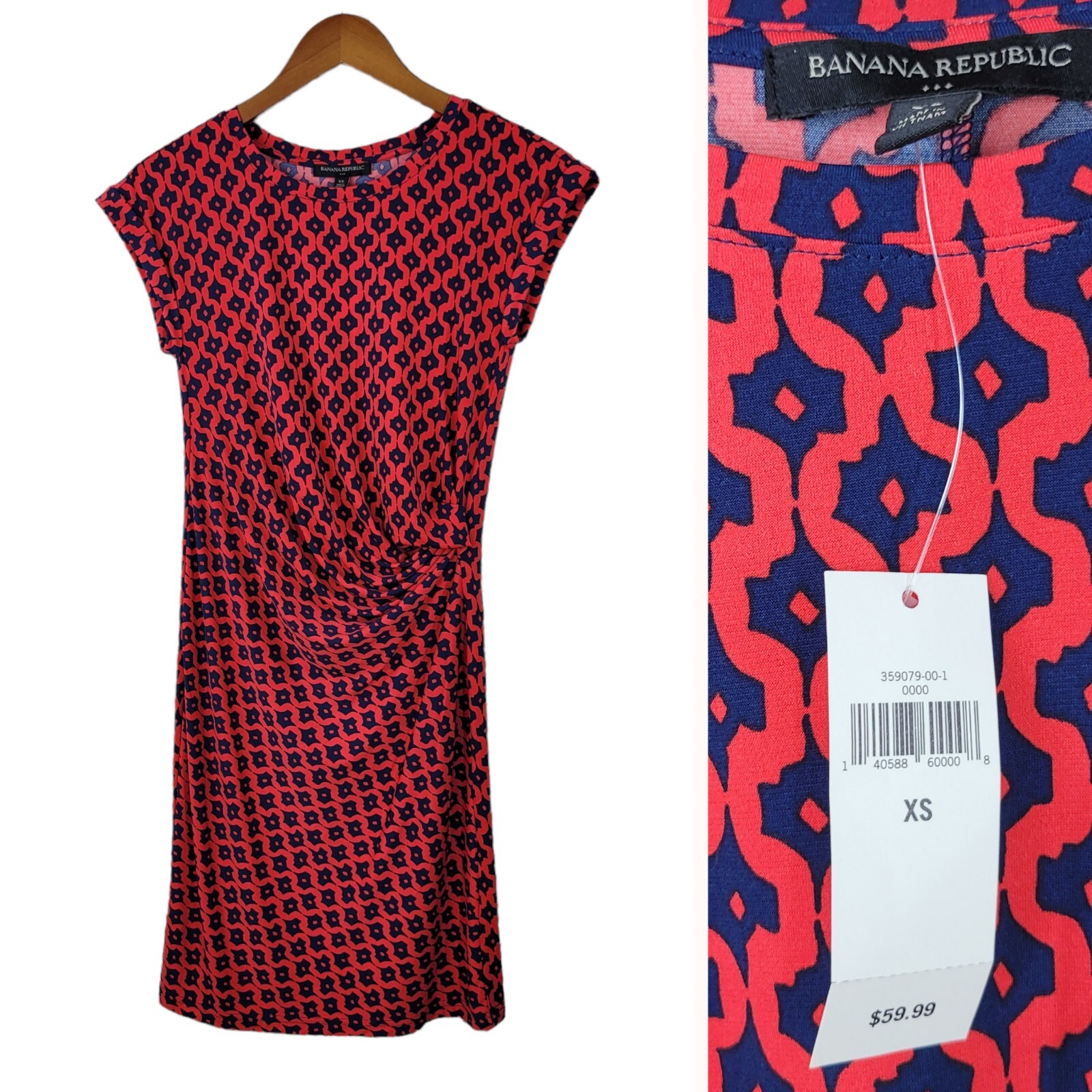 New Banana Republic size XS Dress stretch Ruched slimming red Navy blue floral