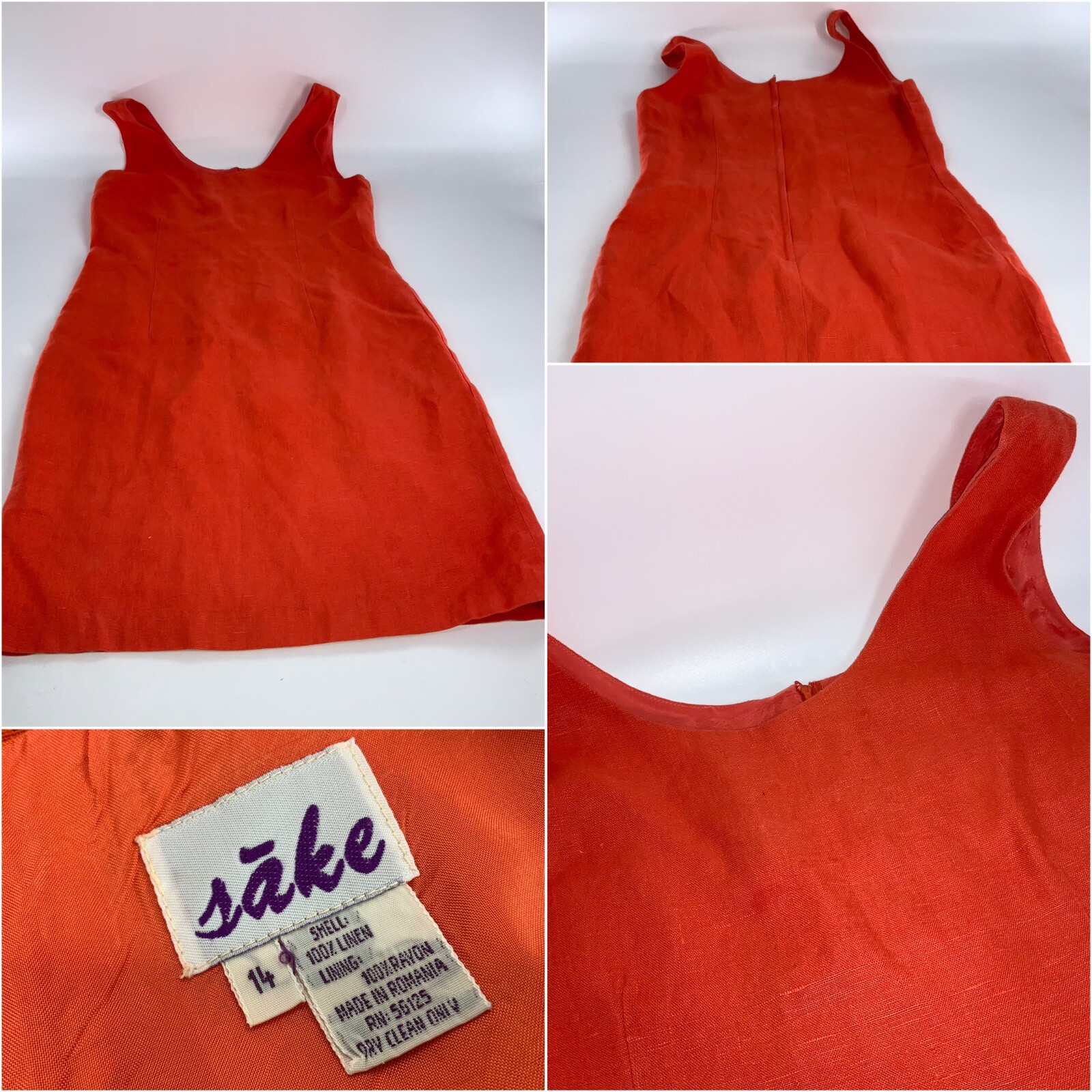 Sake Sundress Sheath Size 14 Orange 100% Linen Sleeveless Zip Romania YGI E3-270