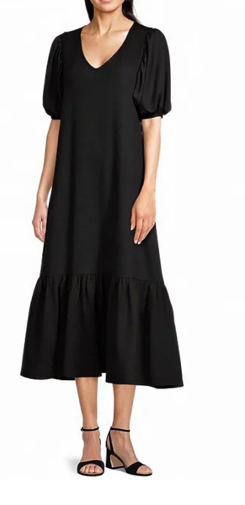 Gibson Latimer Black Midi Dress XL Puff Sleeve Tie Neck Textured Tiered Hem