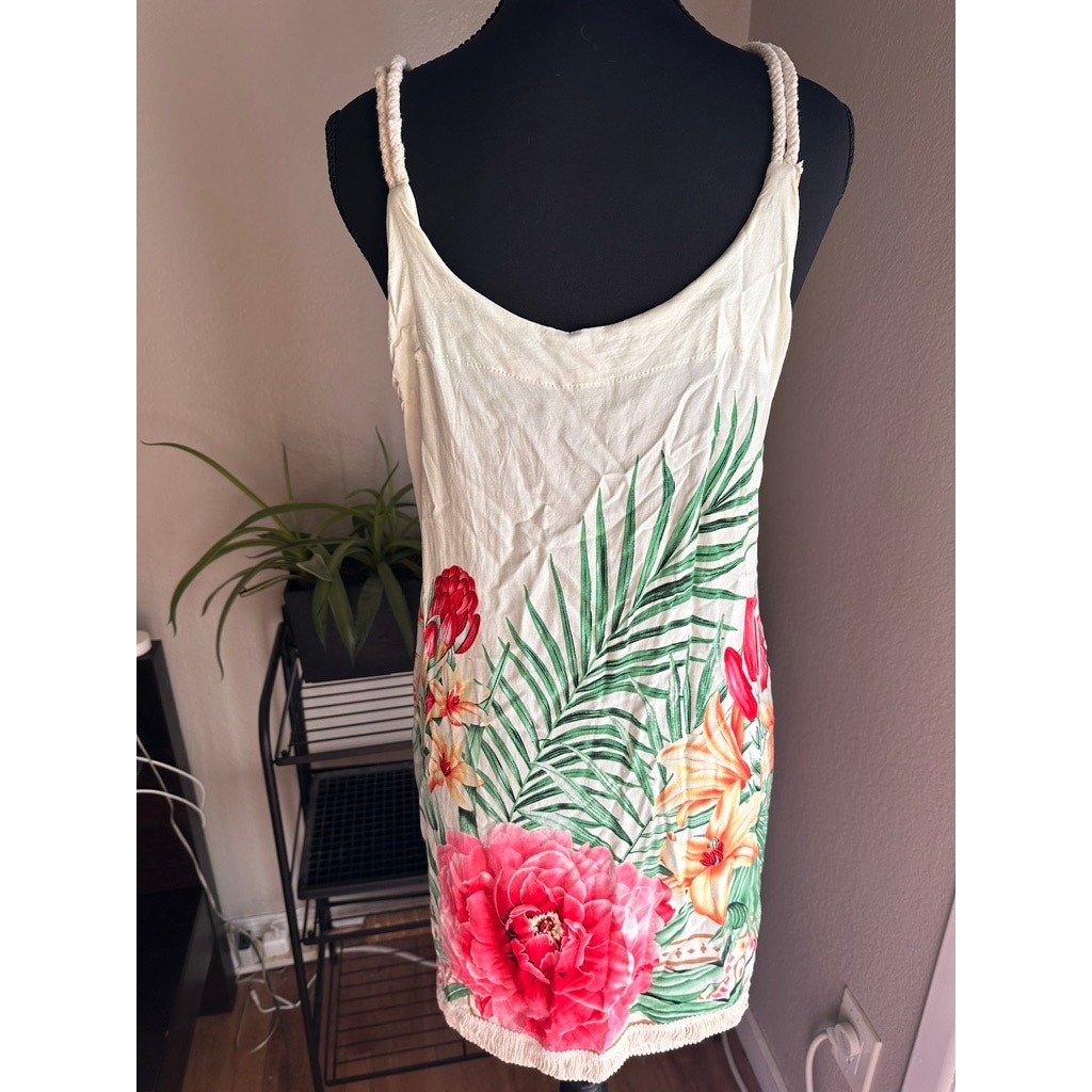 Tropical Floral Print Sundress / Beach Cover-Up with Rope Straps & Fringe Hem