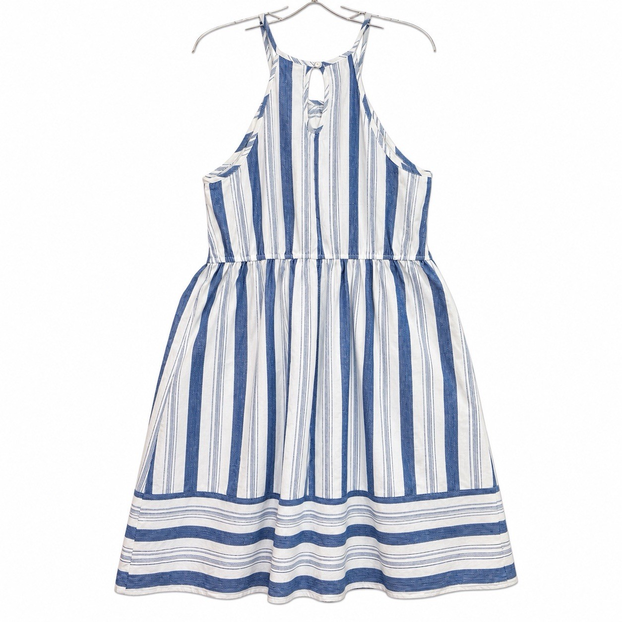 Summer Halter Midi Dress L Striped Cotton Coastal Nautical Beach Resort