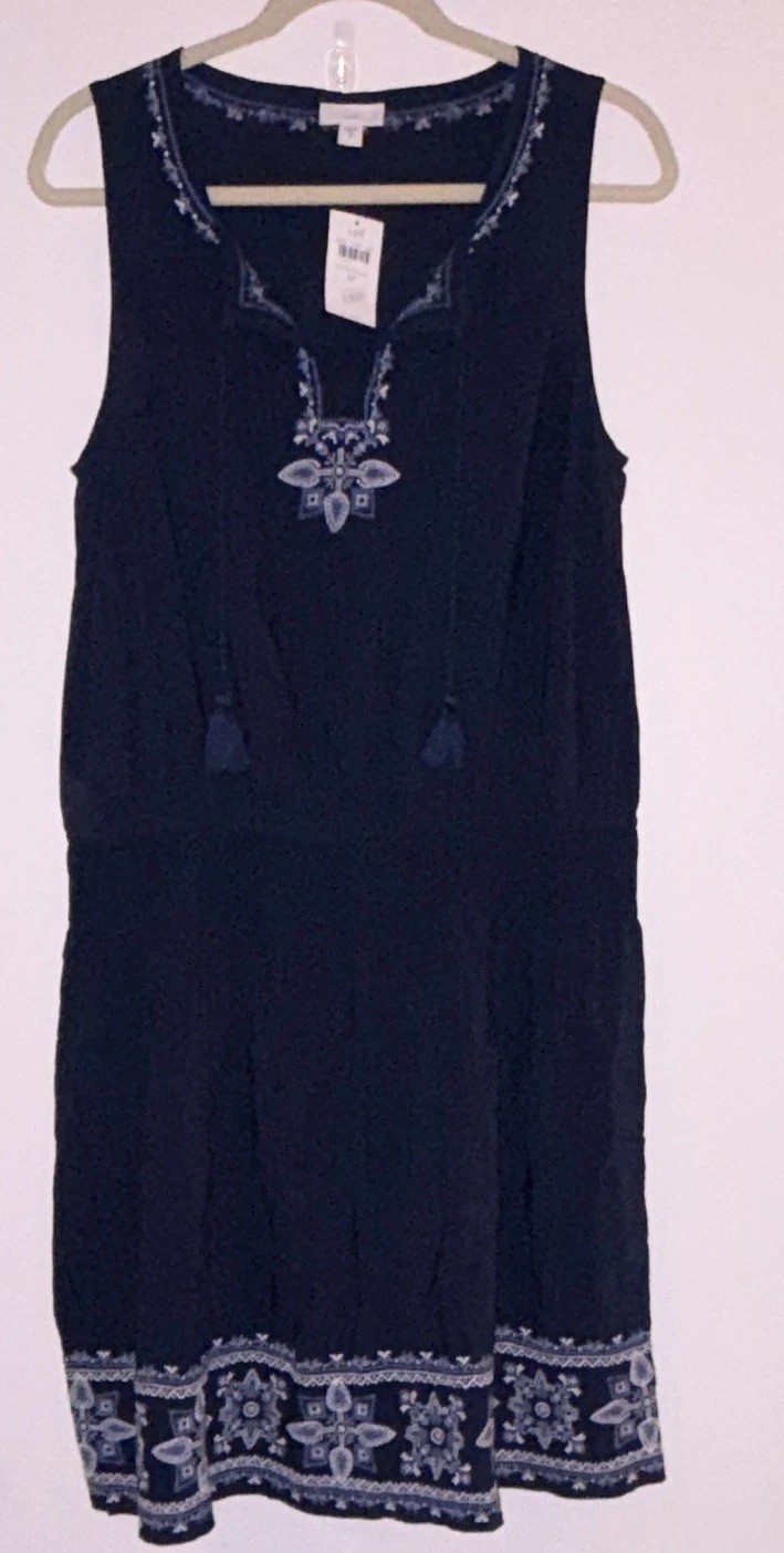 J. Jill Blue Boho Sleeveless Smocked Waist Embroidered Tasseled Dress M