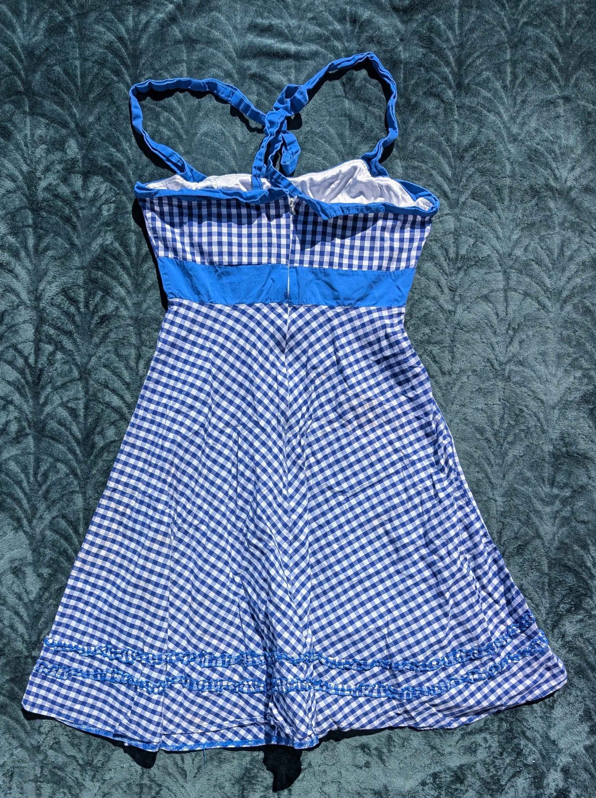 Retro Vintage Sexy 90s Blue White Gingham Rockabilly Pinup Halter Apron Dress