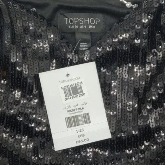 Topshop Sequin Embroidered Strap Fringe Dress 4 Black