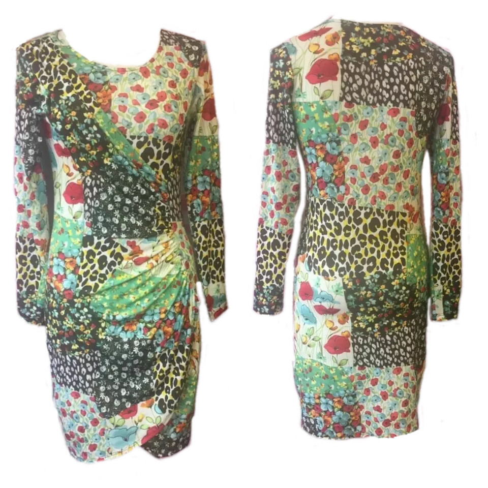 Isle Apparel Dress sz XS Multicolor Long Sleeve Scoop Neck Bodycon Artsy Boho