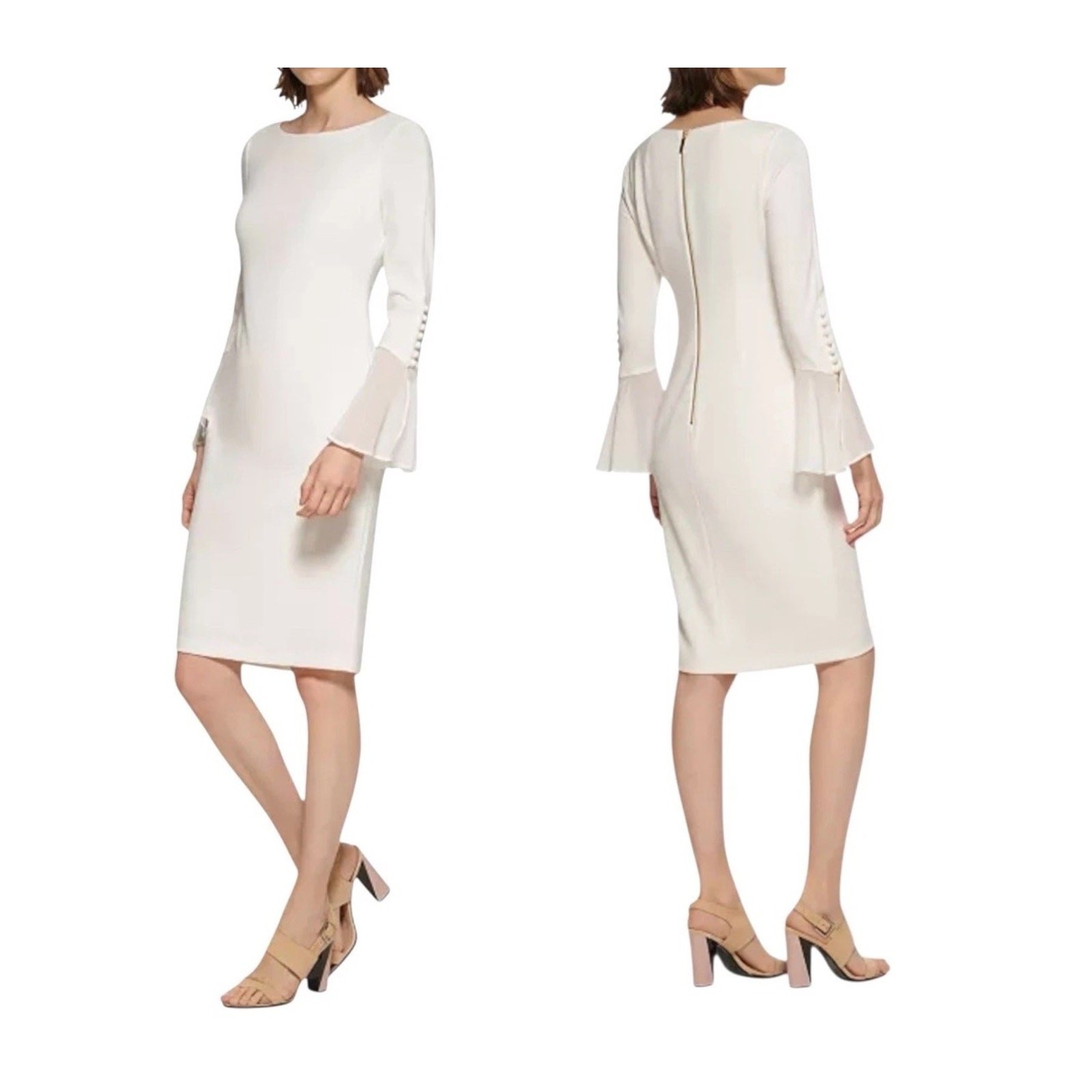 Calvin Klein Shift Dress – 2 White Bell Sleeve, Classic Christmas Party Bridal