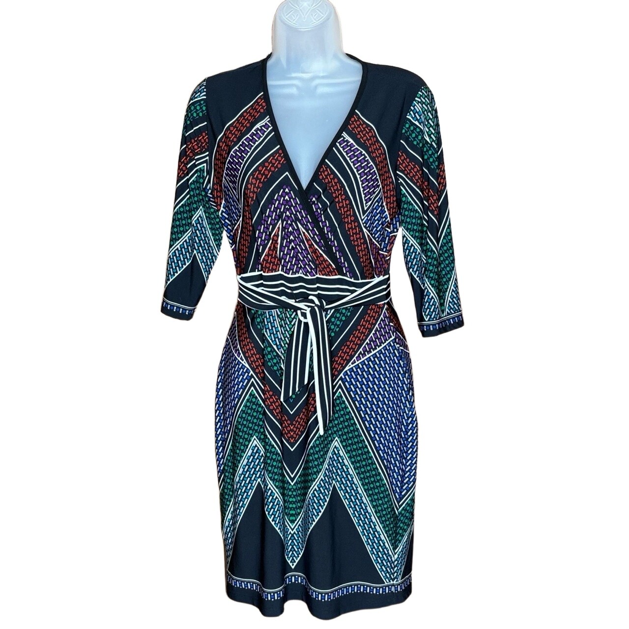 Calvin Klein Dress Womens 2 Geometric Print Belted Chic Modern Sleek Bold Artsy