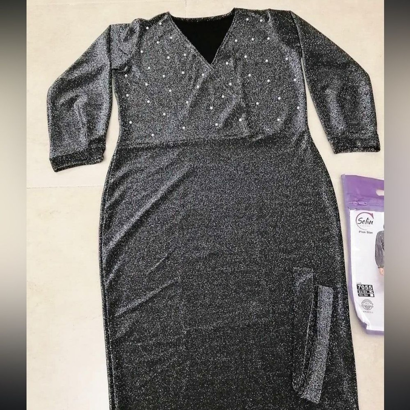 Plus Metallic Silver Pearl Embellished Belted Midi Dress with Lantern Sleeves