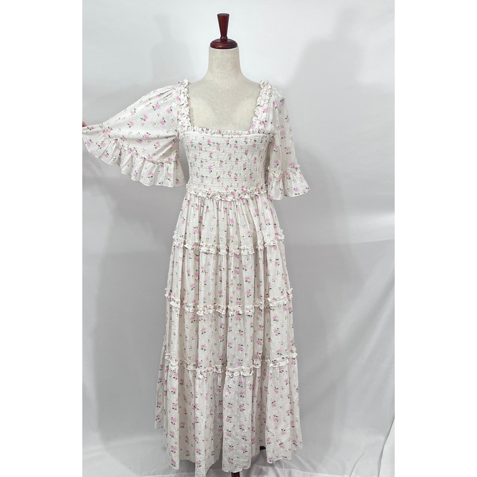 NEEDLE & THREAD Sz 8 US Bijou Rose Smocked Day Ankle Gown Dress