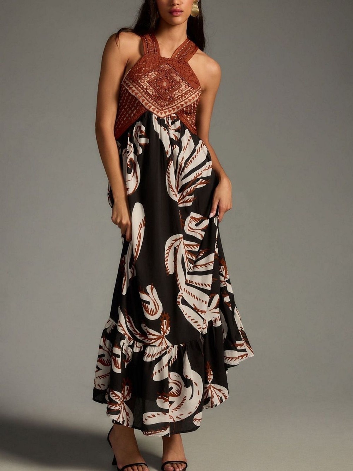 Anthropologie Deco Printed Rust Halter Maxi Dress with Black and Cream Print