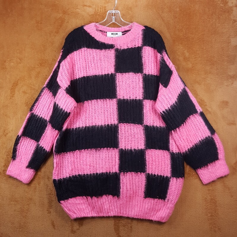MSGM Sweater Dress Womens Small Pink Black Check Pullover Fuzzy Mohair Oversized