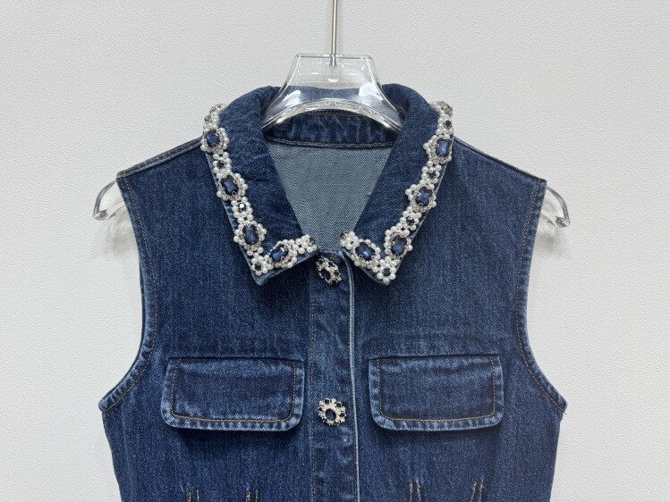 Self-Portrait rhinestone lapel sleeveless single-breasted bouffant Denim dress
