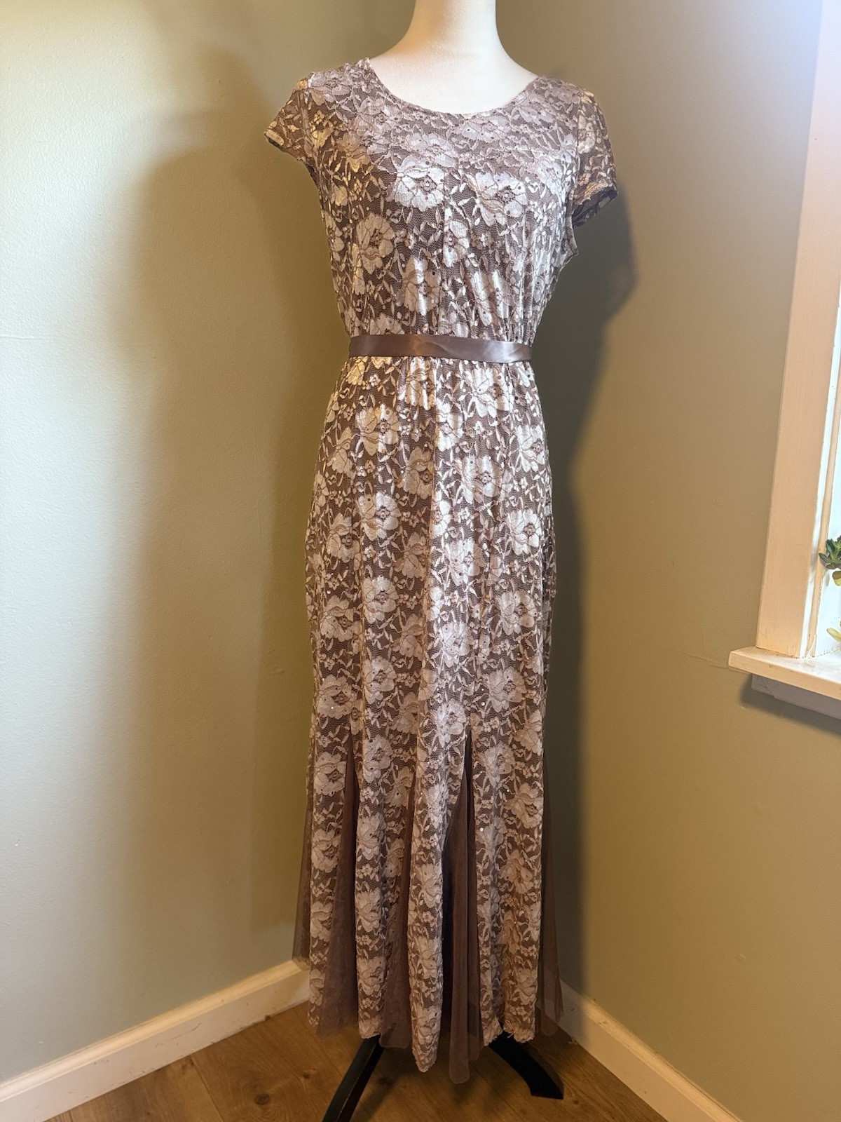 Whimsi Sequin Boho Fairy boho Midi Lace Y2K Party Dress Medium Brown festival