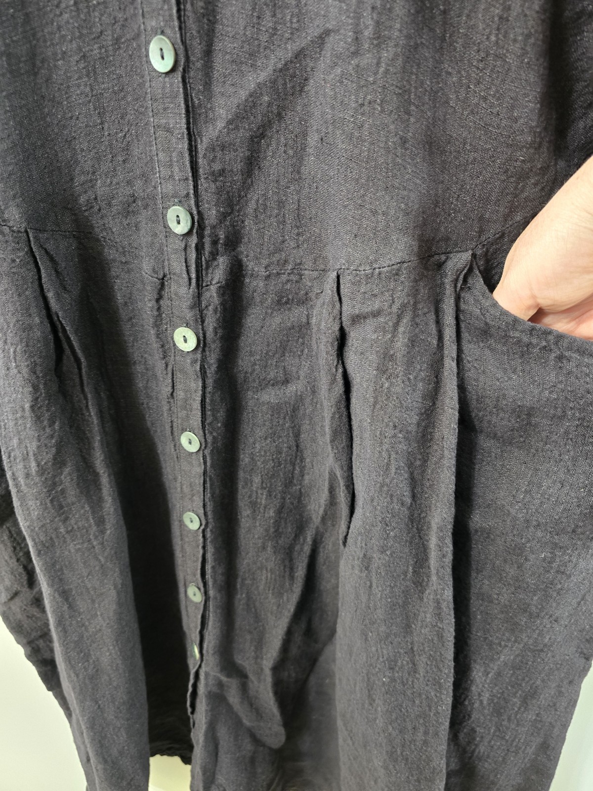 Flax Linen Long Sleeve Button Front V Neck Midi Lagenlook Dress Solid Black Sz L