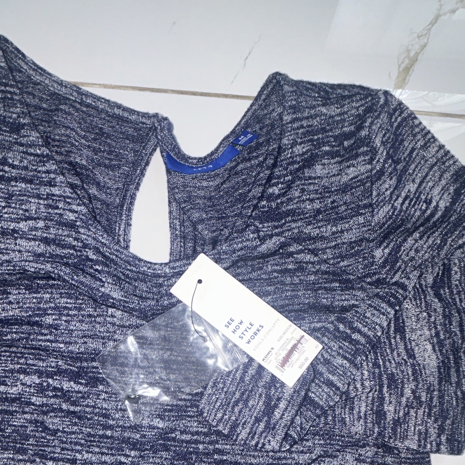Style & Co Heathered Knit Keyhole Back A-Line Knee Dress M/L Navy White