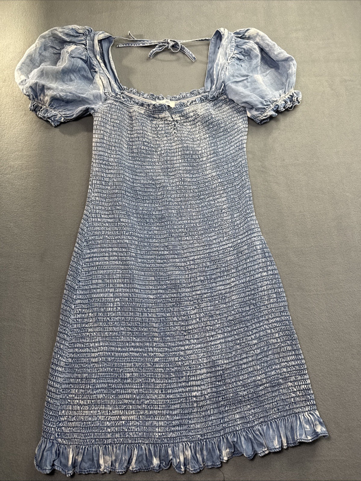 She + Sky Smocked Ruffle Hem Puff Sleeve Chambray Mini Dress Women’s L Coastal
