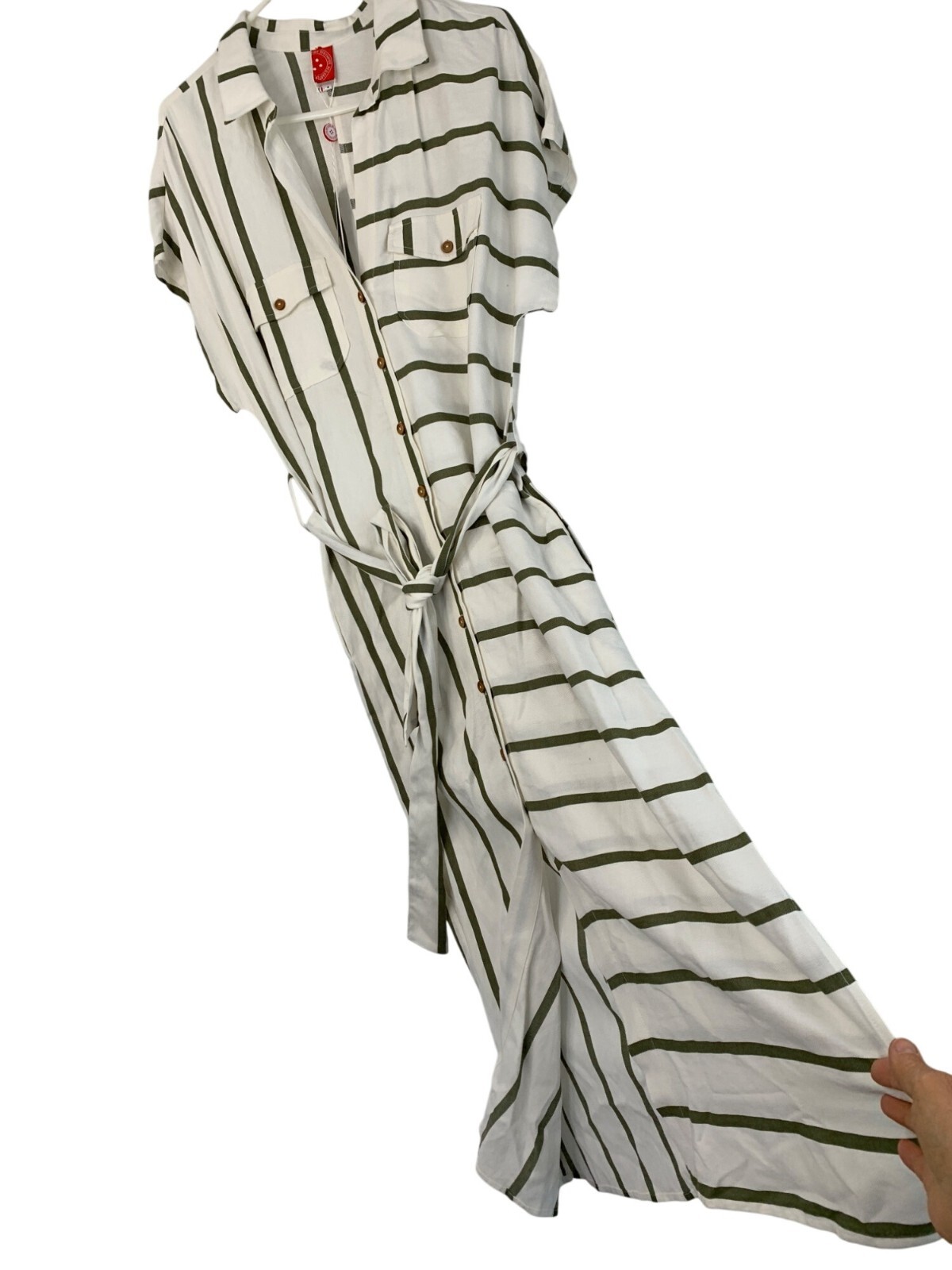Red Carter Shay Safari Striped Button-Down Midi Shirt Dress Belt Pockets L 8742