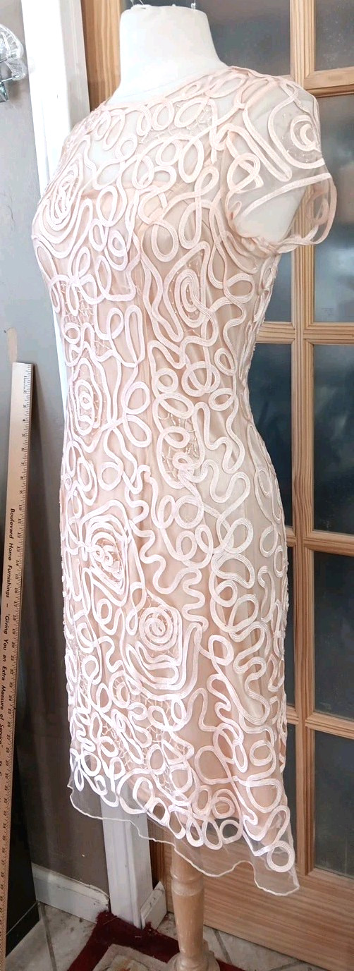 Cinderella Divine Cocktail Dress Ribbons Sequins Beads Overlay Peach Knee NWoT