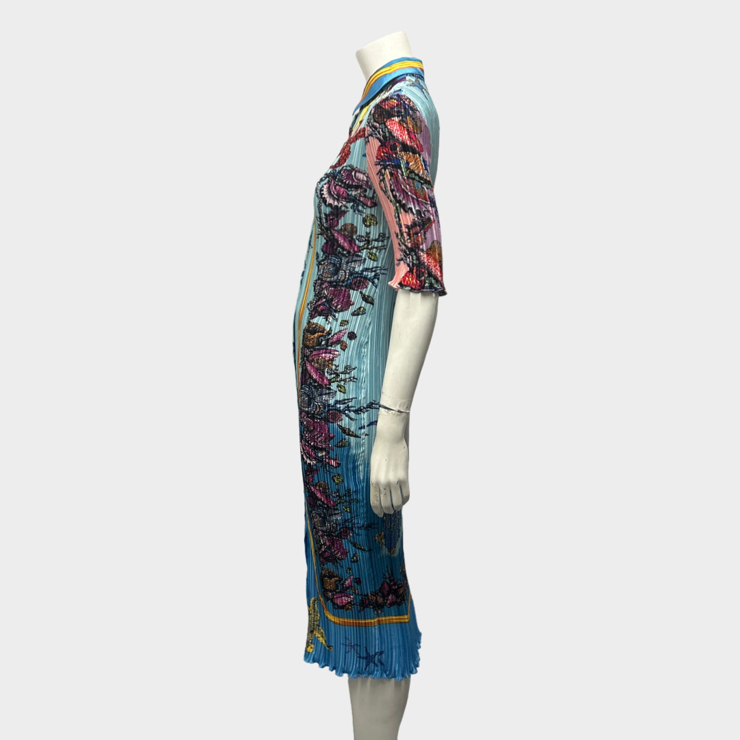 Versace Pleated Blue Starfish-Print Shirt Maxi Dress, Size UK10