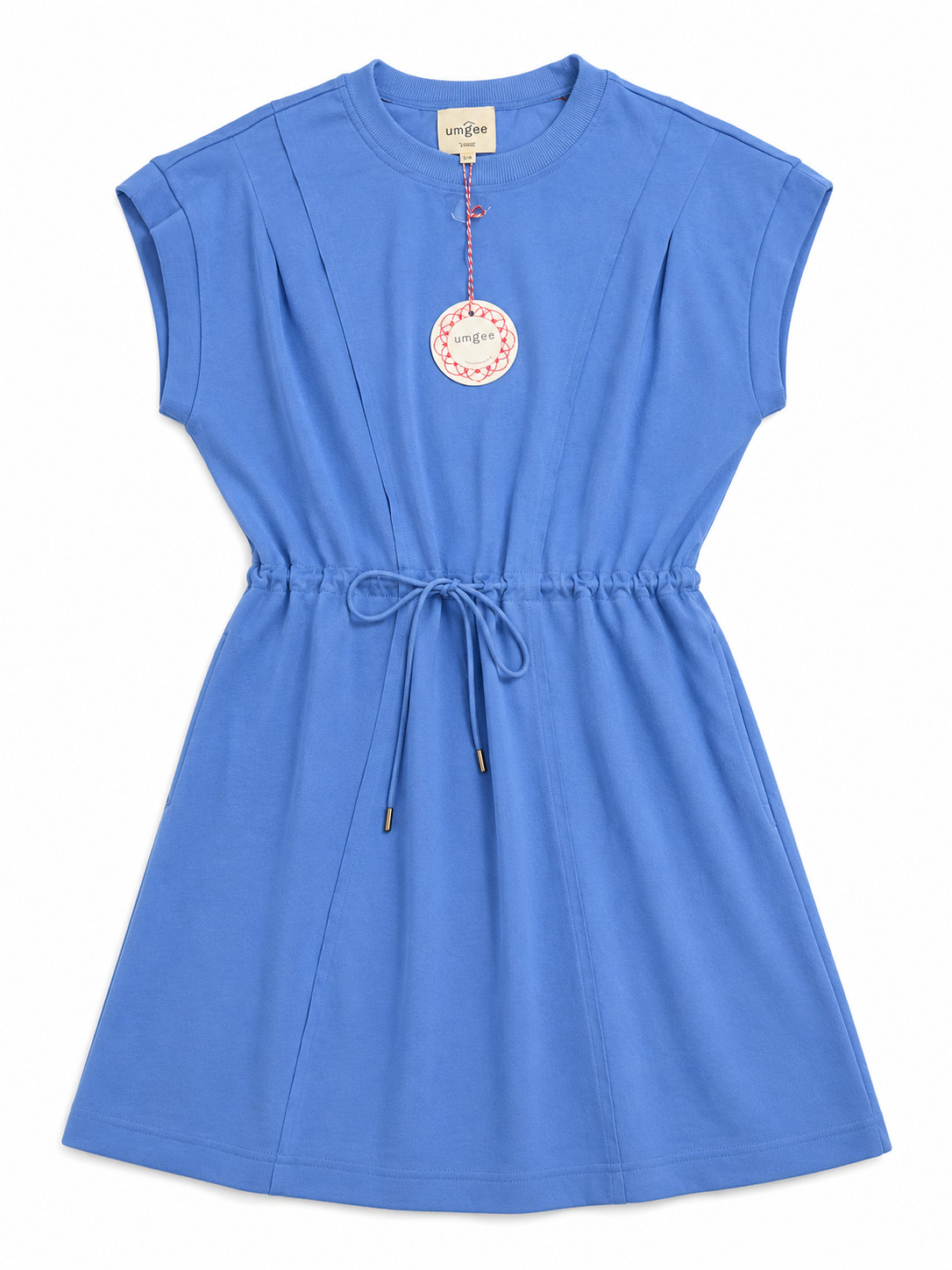 Umgee Blue Cap Sleeve Dress Cinched Drawstring Waist and Vertical Pleats Sz L