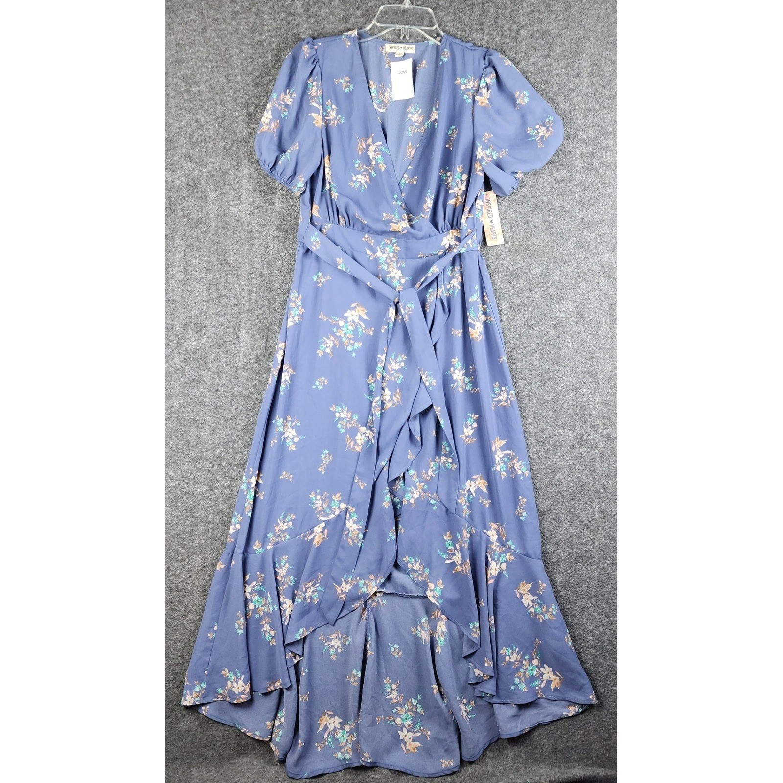 Inspired Hearts Maxi Dress Womens Large Blue Floral High-Low Ruffle Wrap NWT