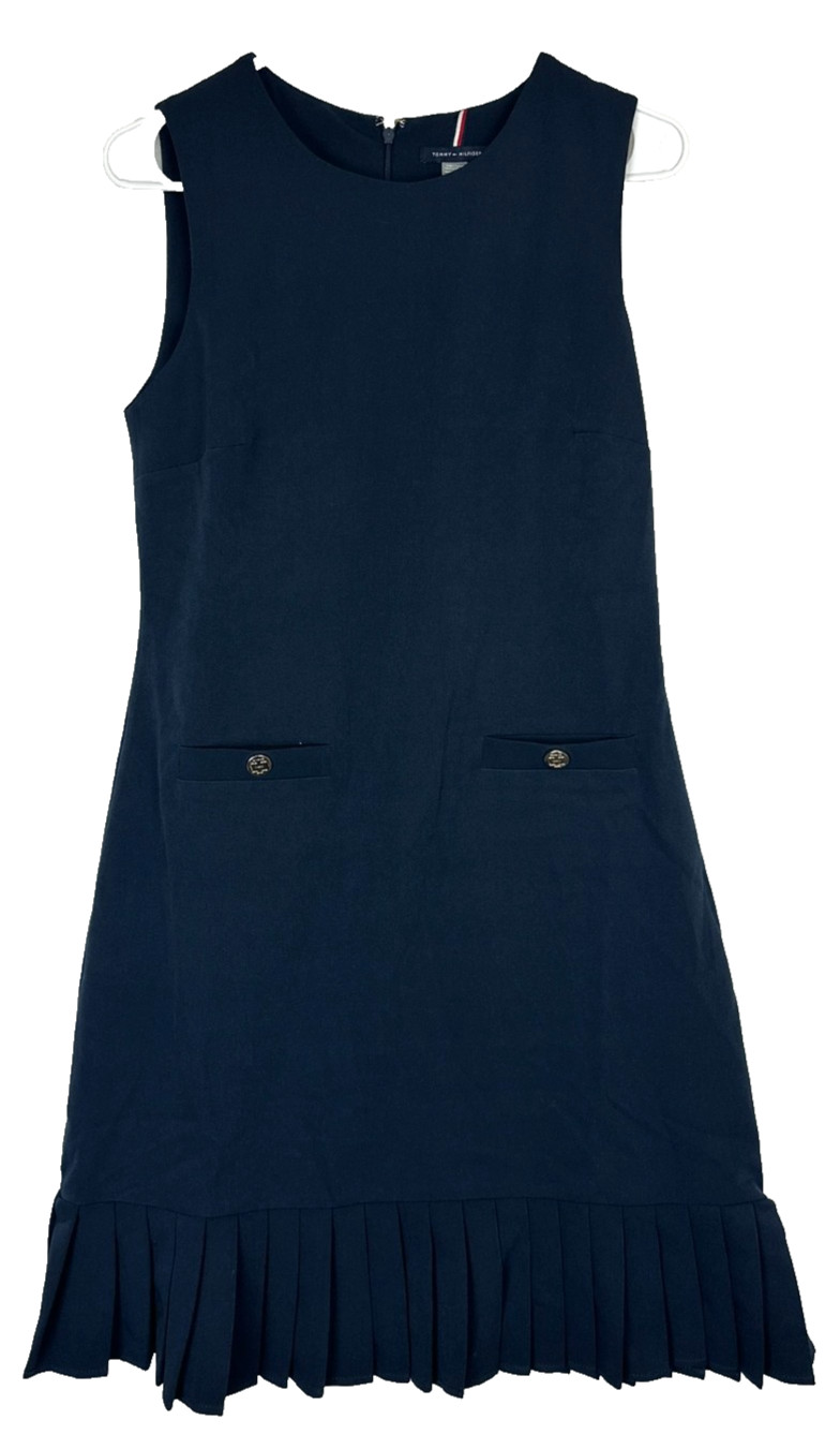 Tommy Hilfiger Shift Dress 6 Navy Pleated Mini Gold Button Jersey NWT $119