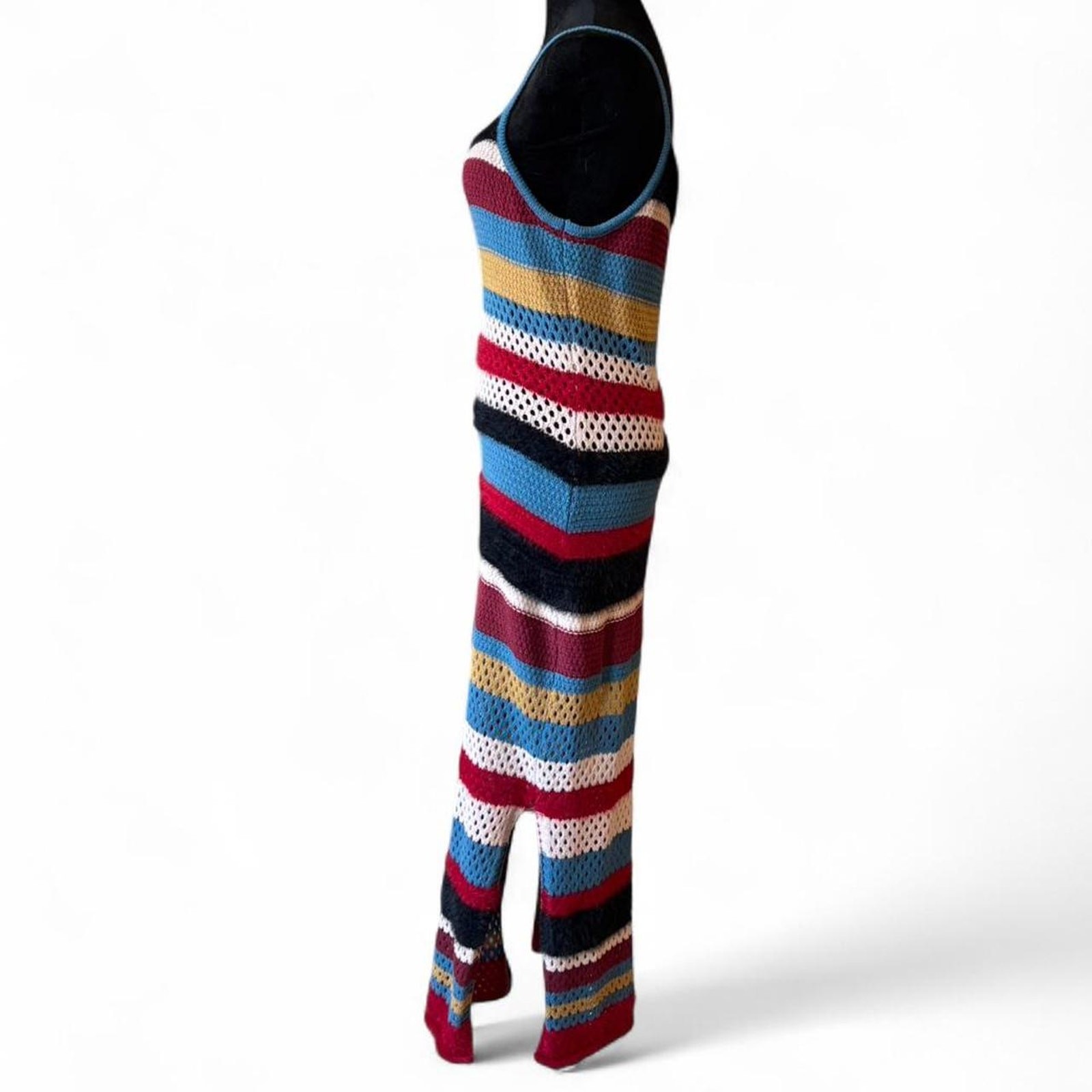 Striped Crochet Maxi Dress – Boho Fuzzy Knit M