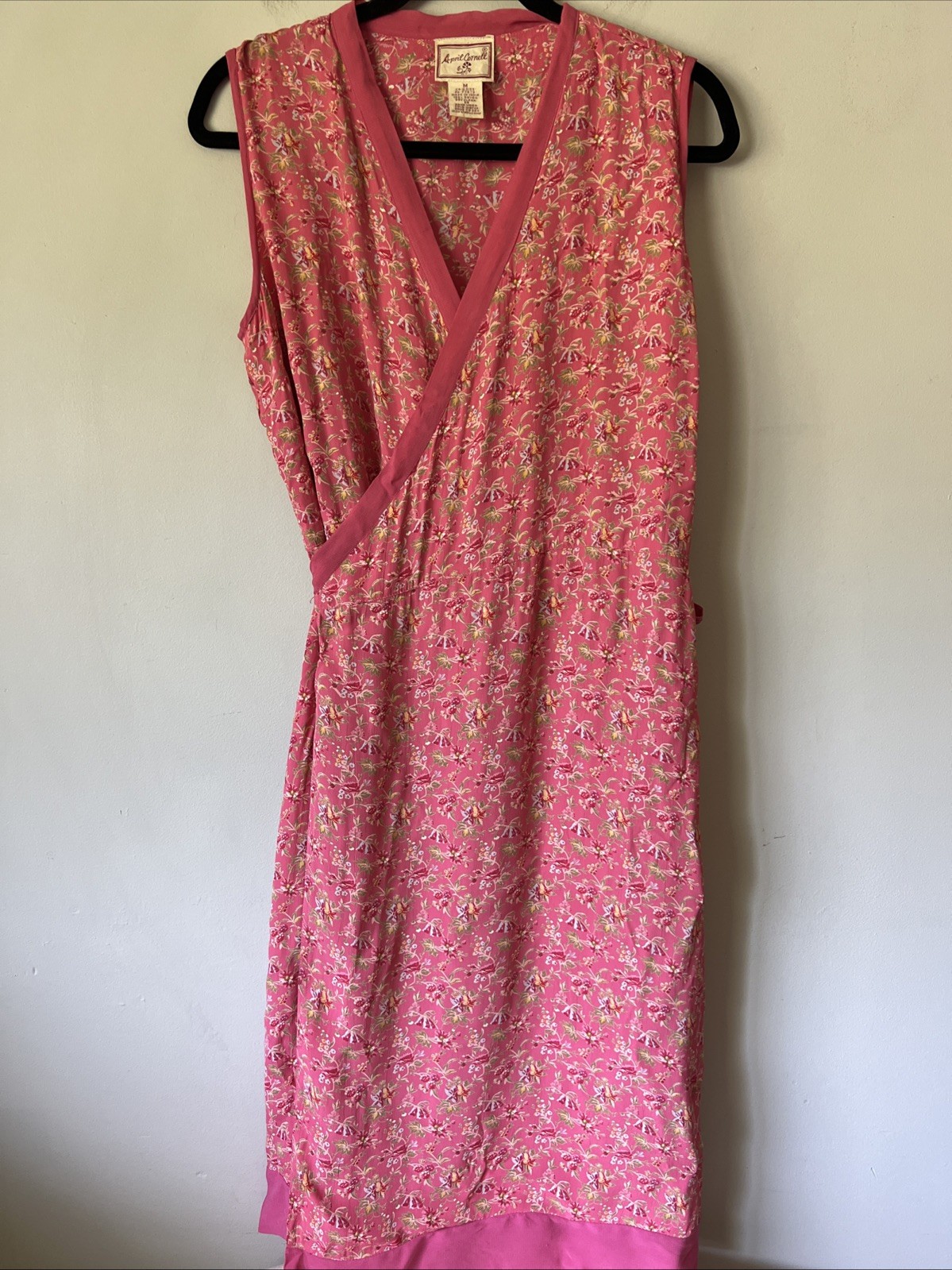 Vintage April Cornell Pink Raspberry Floral Sleeveless Wrap Dress Size M Rayon