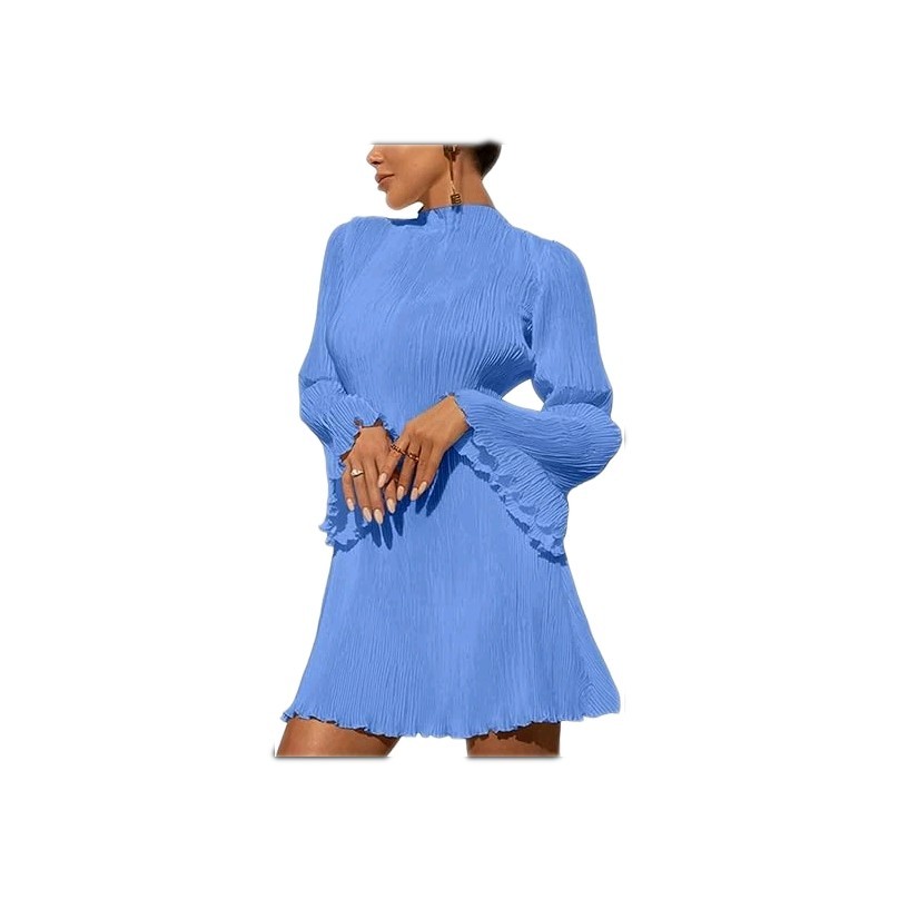 Annystore Womens Medium Blue Bell Long Sleeve Mini Dress Ruffeled