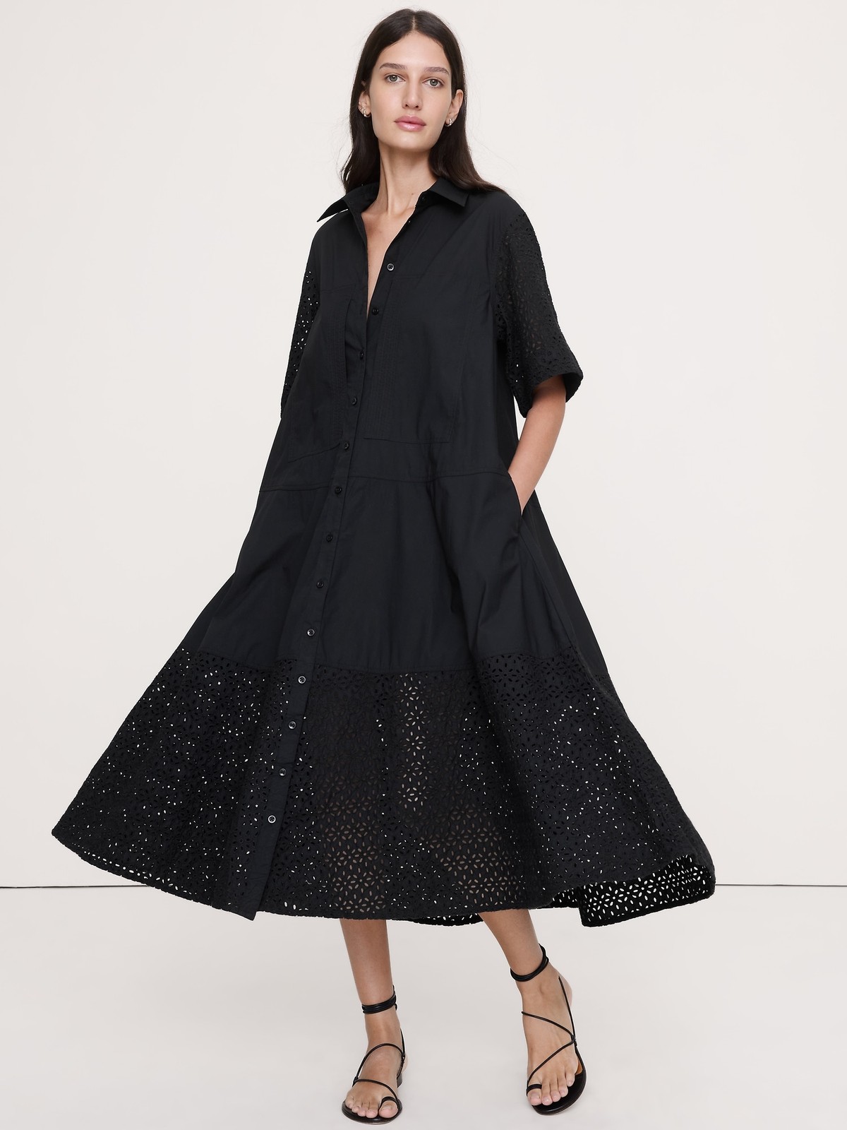 Banana Republic S Small Eyelet Trapeze Maxi Shirt Dress Black NWT! #891461