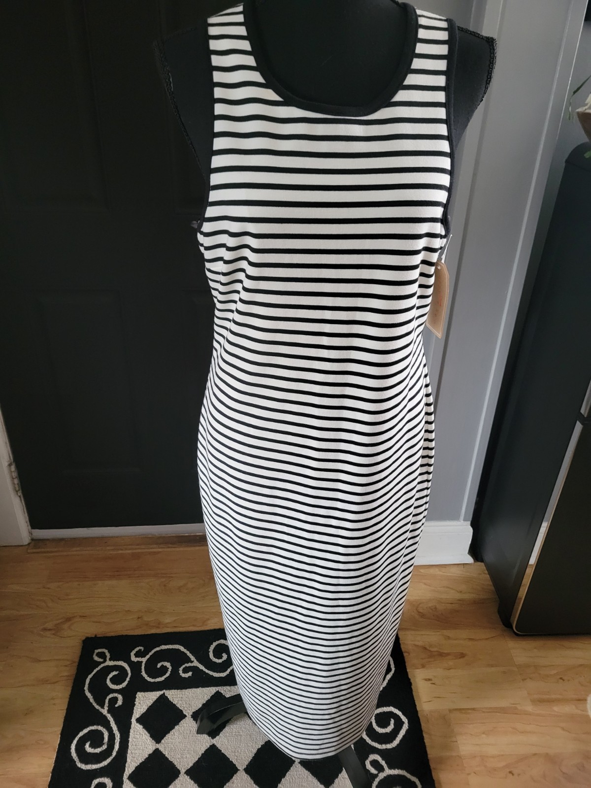 Womens Black & White Striped Maxi Dress Size XL Copper Key Sleeveless (A1)