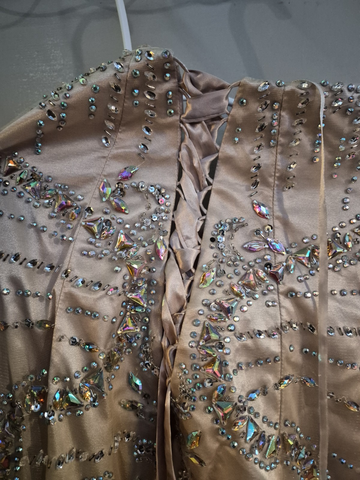 Strapless Sweetheart Satin Long Gown L/XL Beige Beaded Sequin Tulle Lined