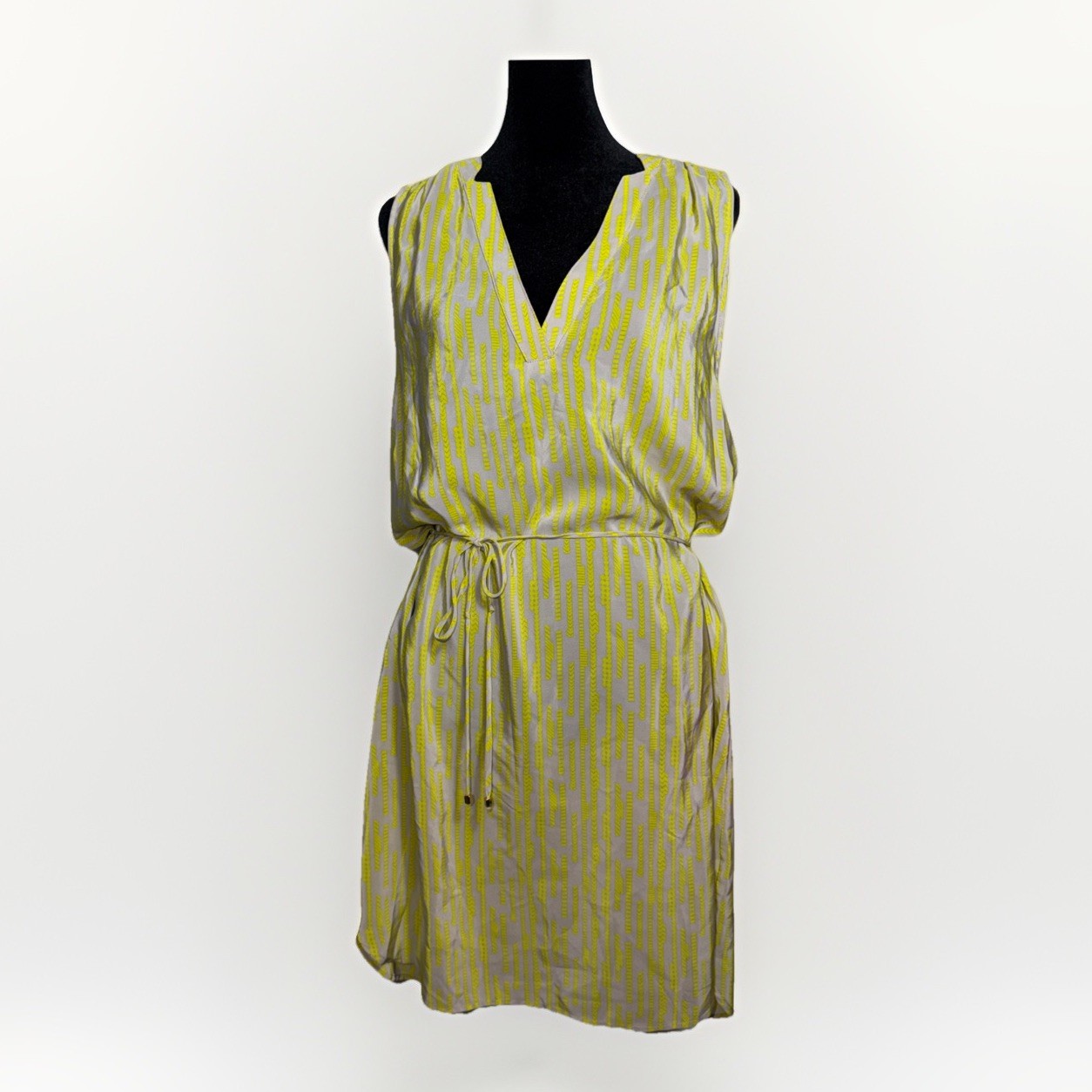 Britt Ryan Yellow Gray Sleeveless V-Neck Silk Dress Size M NWT Tie Waist