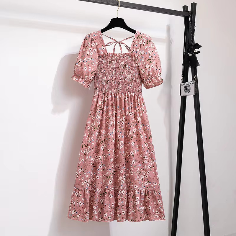 Chiffon Dresses Fashion Female Elastic Waist Short Sleeve Pleated Dress