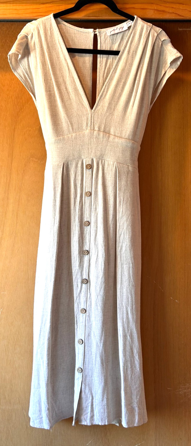 Petal+Pup 100% Linen Midi Dress Sz 4 Oatmeal Pockets Feminine Cottagecore Lovely