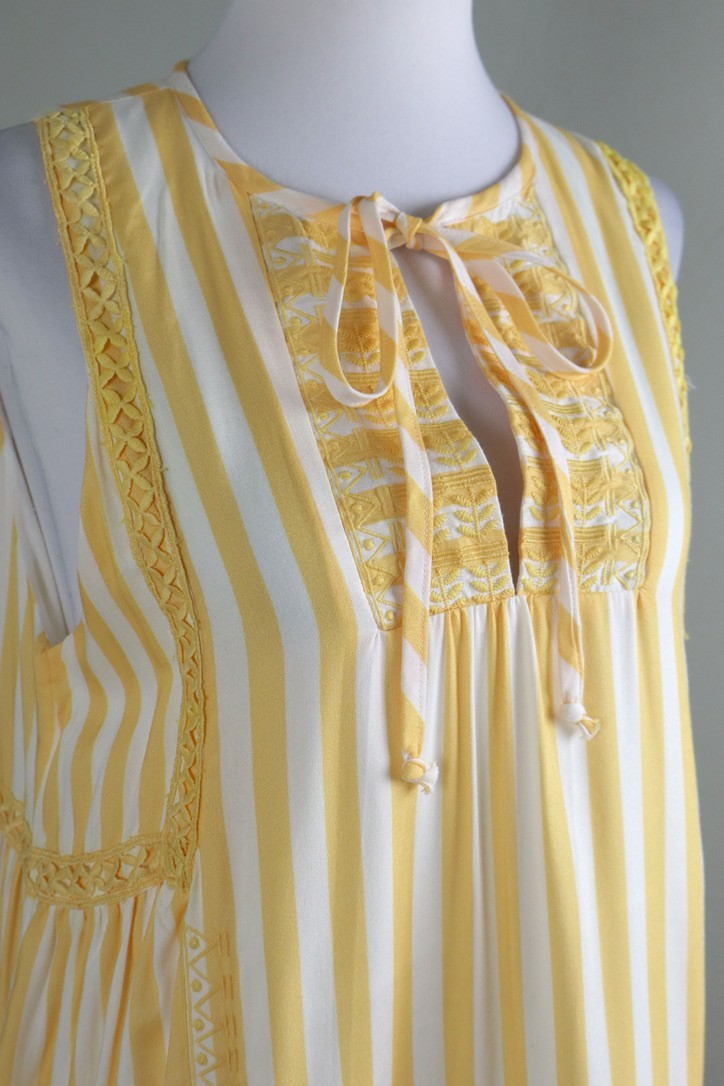 HIHO Tortola $159 Embroidered Yellow Striped Casual Lined Tank Dress Size XS