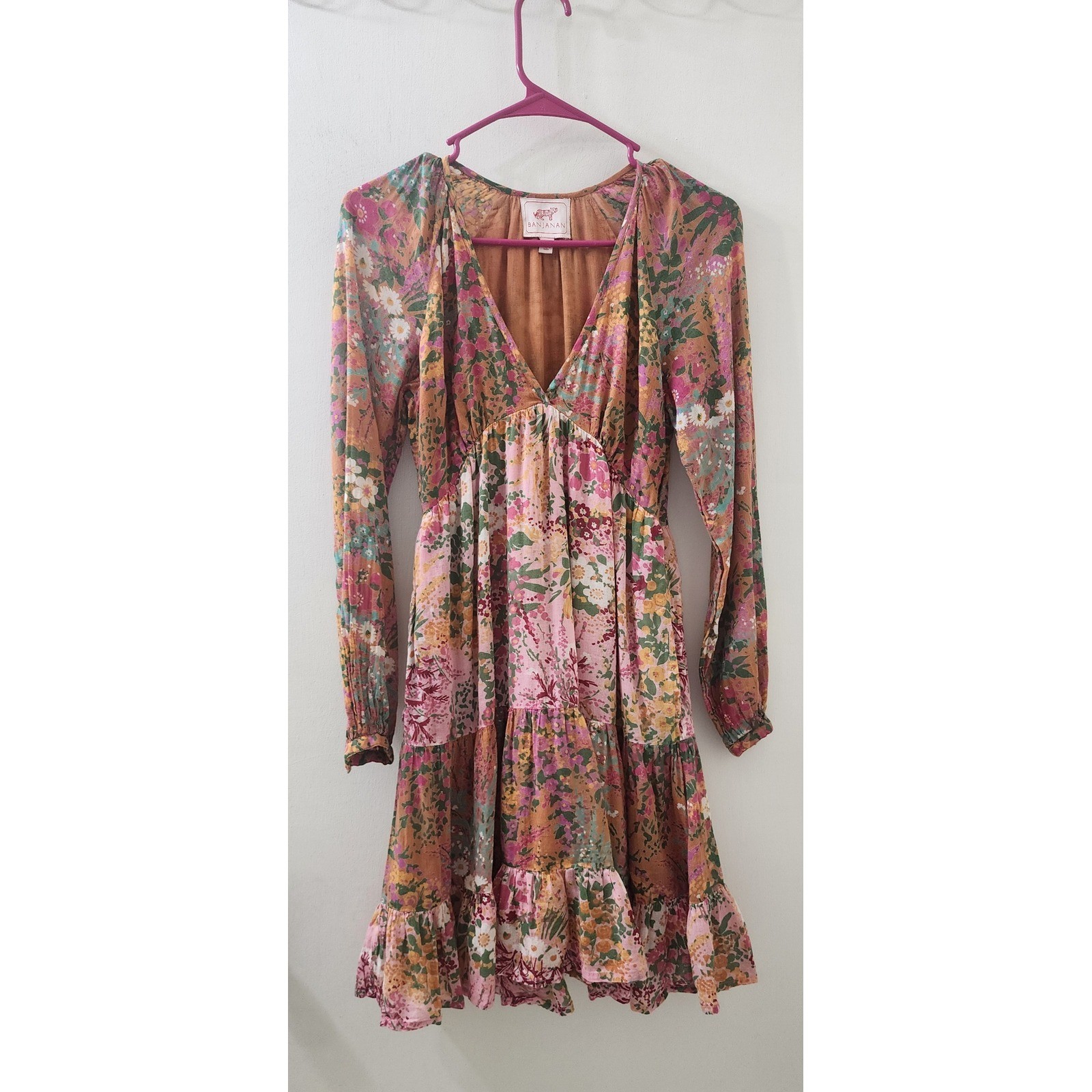 Banjanan Floral Cotton V-Neck Tiered Mini Dress Orange Pink XS Long Sleeve Boho