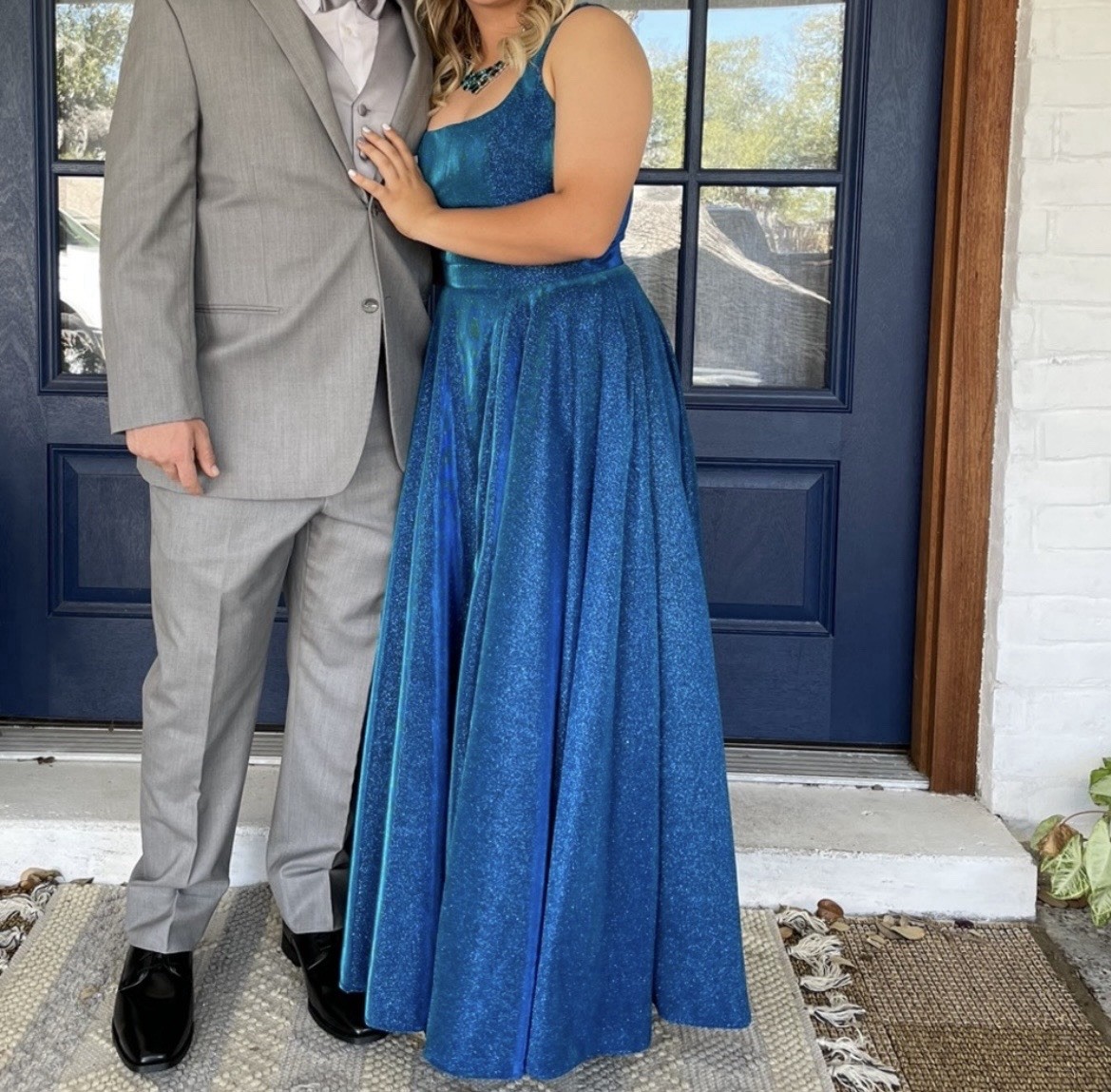 AMARRA Royal Blue Glitter Formal Ball Gown Size 14 Pockets Slit Bridesmaid Maxi
