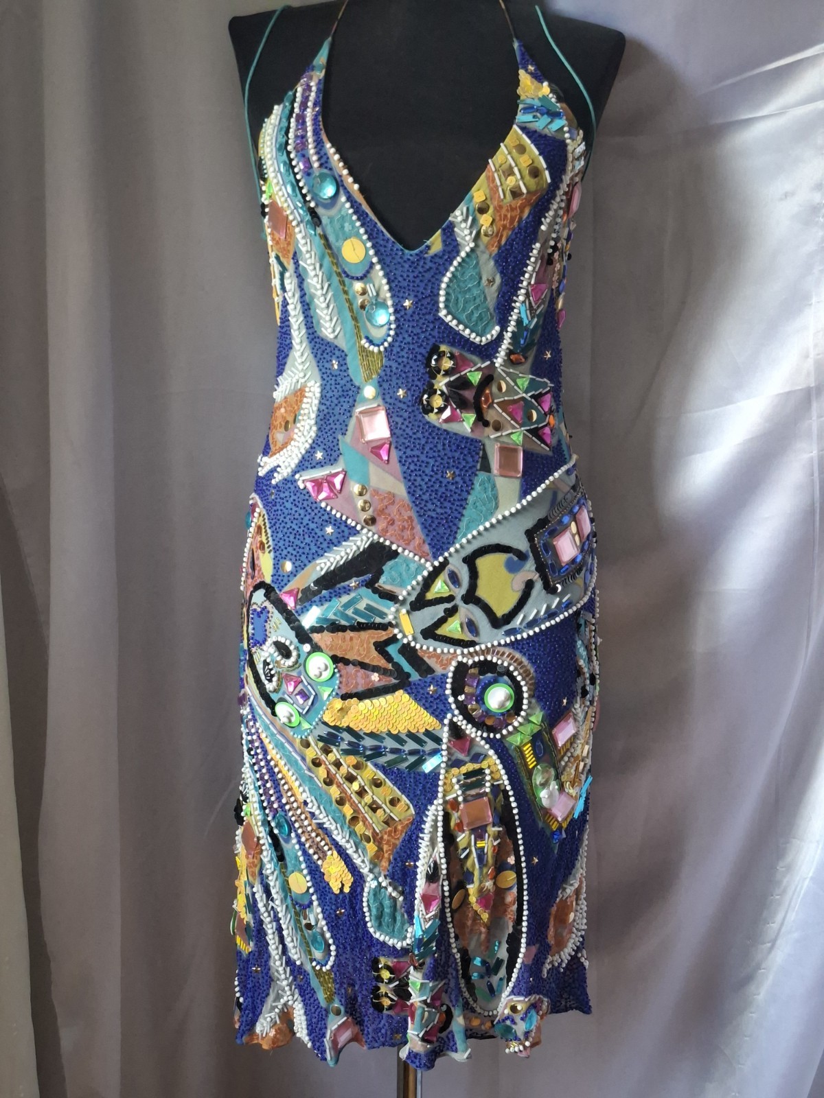 Rare Archive Jenny Packham Silk Beaded Mosaic Art Cocktail Dress UK8 Y2K 90s US2