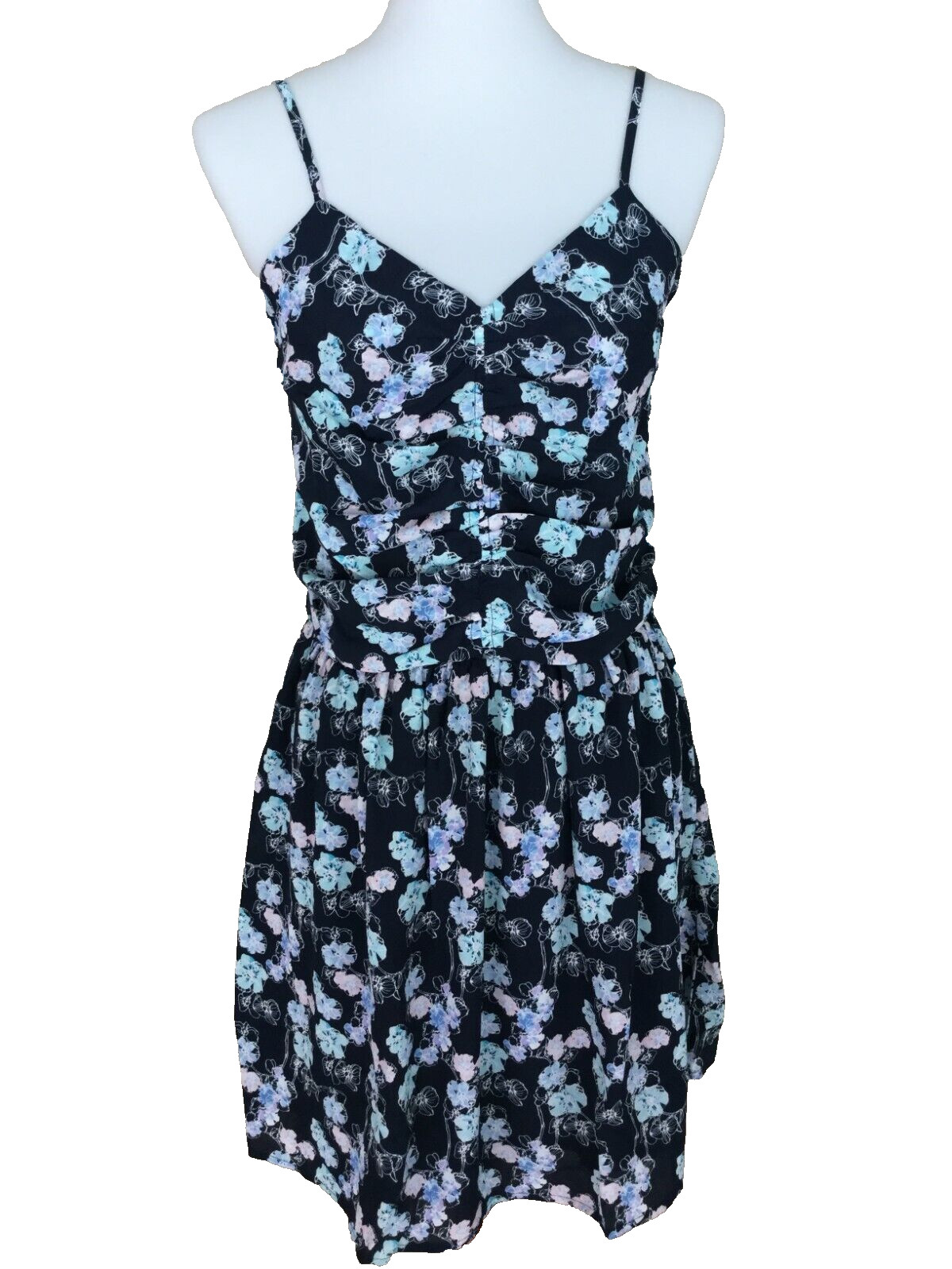 Eclair Blue Floral Dress Smocked-Back Size Large Navy Fit & Flare Beach Sundress