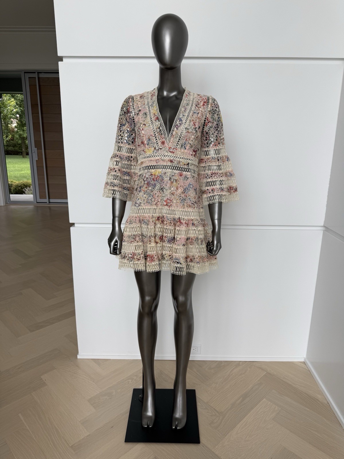 ZIMMERMANN Floral Lace V-Neck 3/4 Bell Sleeve Multicolor Mini Dress 1