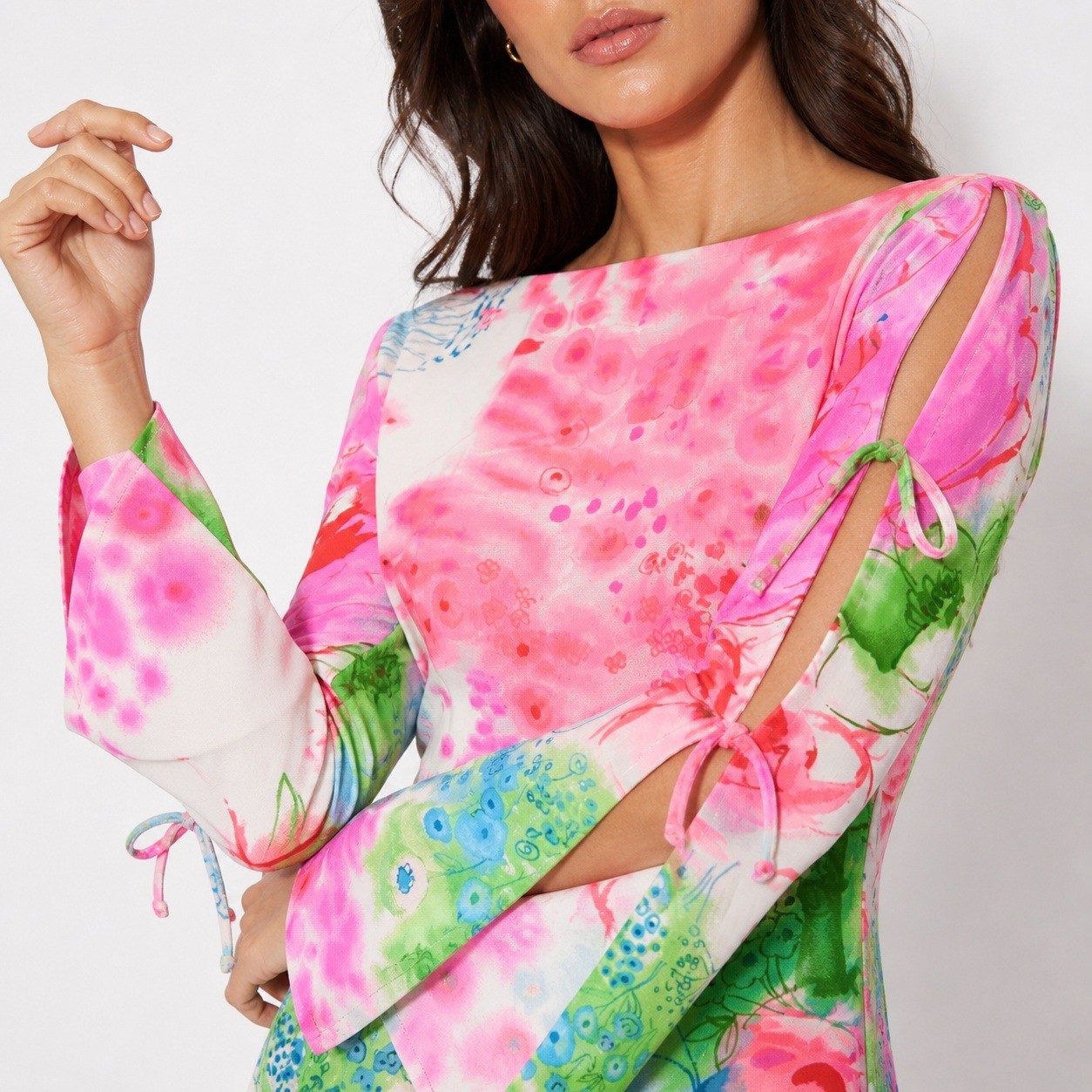 Pink Floral Midi Dress Boat Neck Bell Sleeves Cut Out Womens S Vintage Festival
