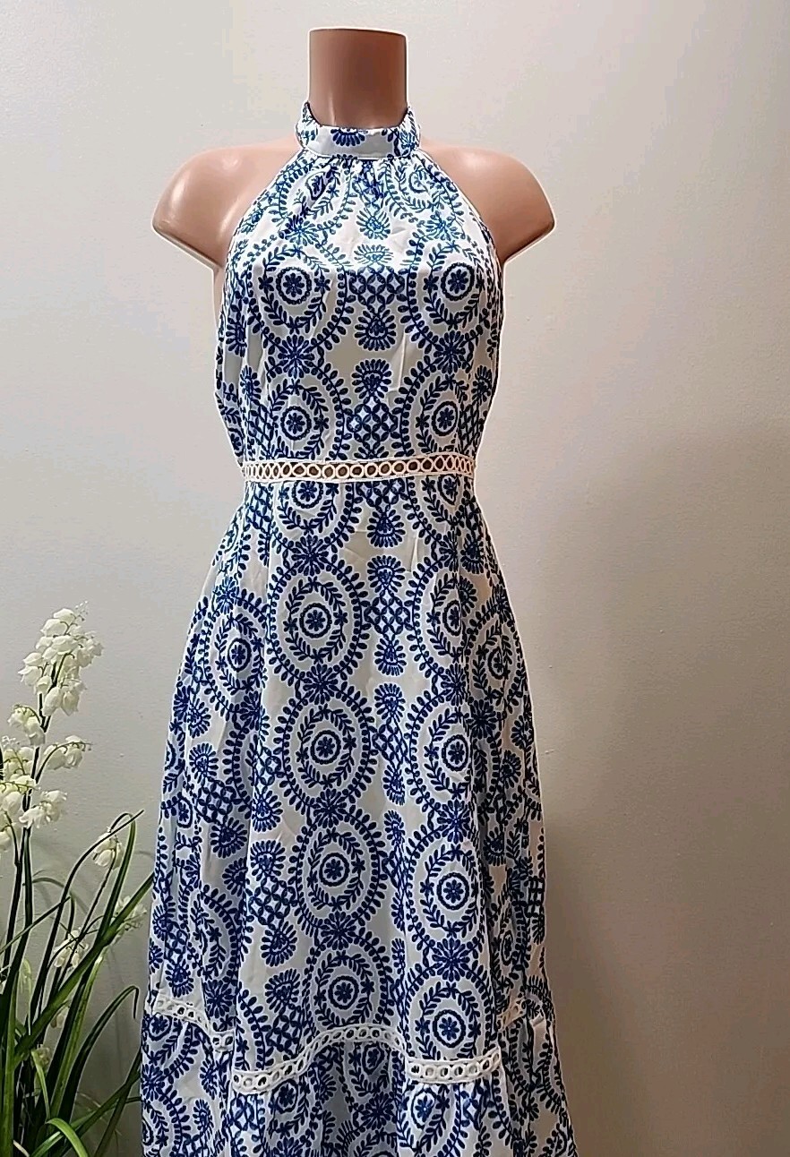NWT Cupshe White Blue Floral Halter Dress Medium